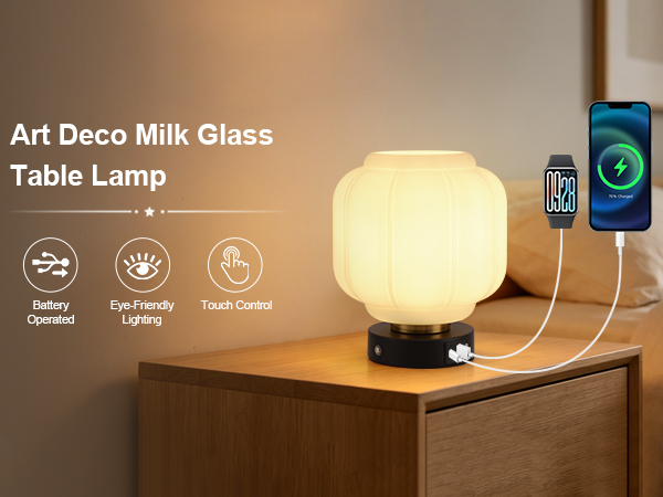 Rechargeable Table Lamp Cordless Milk Glass Bedside Lamp Small white and black
