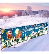 Christmas Banner Outdoor, Large Fabric Blue Merry Christmas Decorations with Santa Claus Reindeer...
