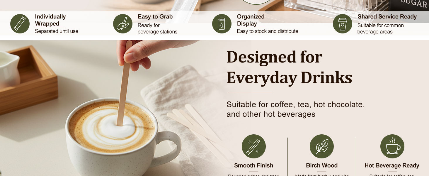 Birch wood coffee stirrer for coffee, tea and hot chocolate