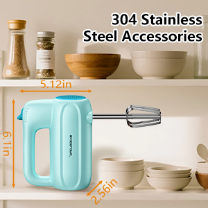Text reads '304 Stainless Steel Accessories'. Kitchen utensils and accessories in mint green color shown from various angles.