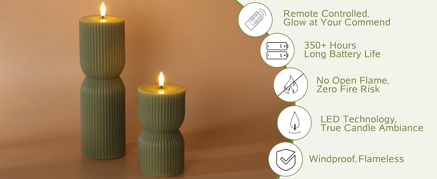 White Ribbed Flameless Pillar Candles