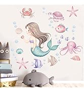 Mermaid Wall Stickers for Girls Bedroom: Peel and Stick Under The Sea Turtle Marine Ocean Fish St...
