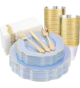 NOCCUR 175PCS Blue Plastic Plates with Gold Disposable Silverware - Include 50 Light Blue and Gol...