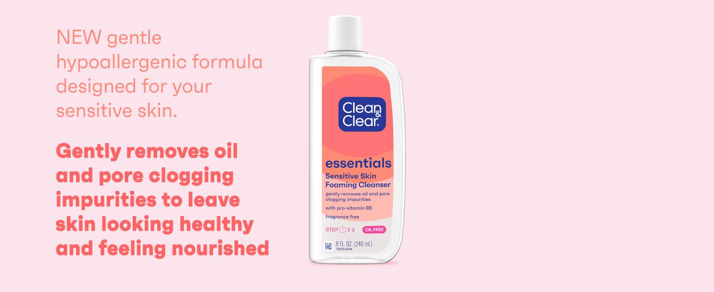 Clean & Clear Essentials Foaming Cleanser on pink background, gently removes oil & impurities