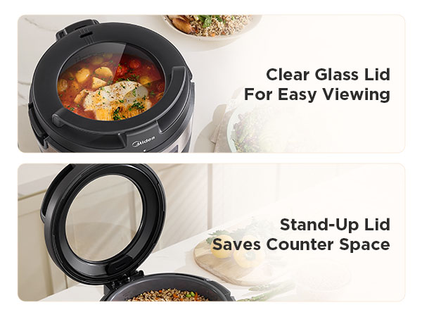 glass lid & stand- up lid for easy viewing & saving space