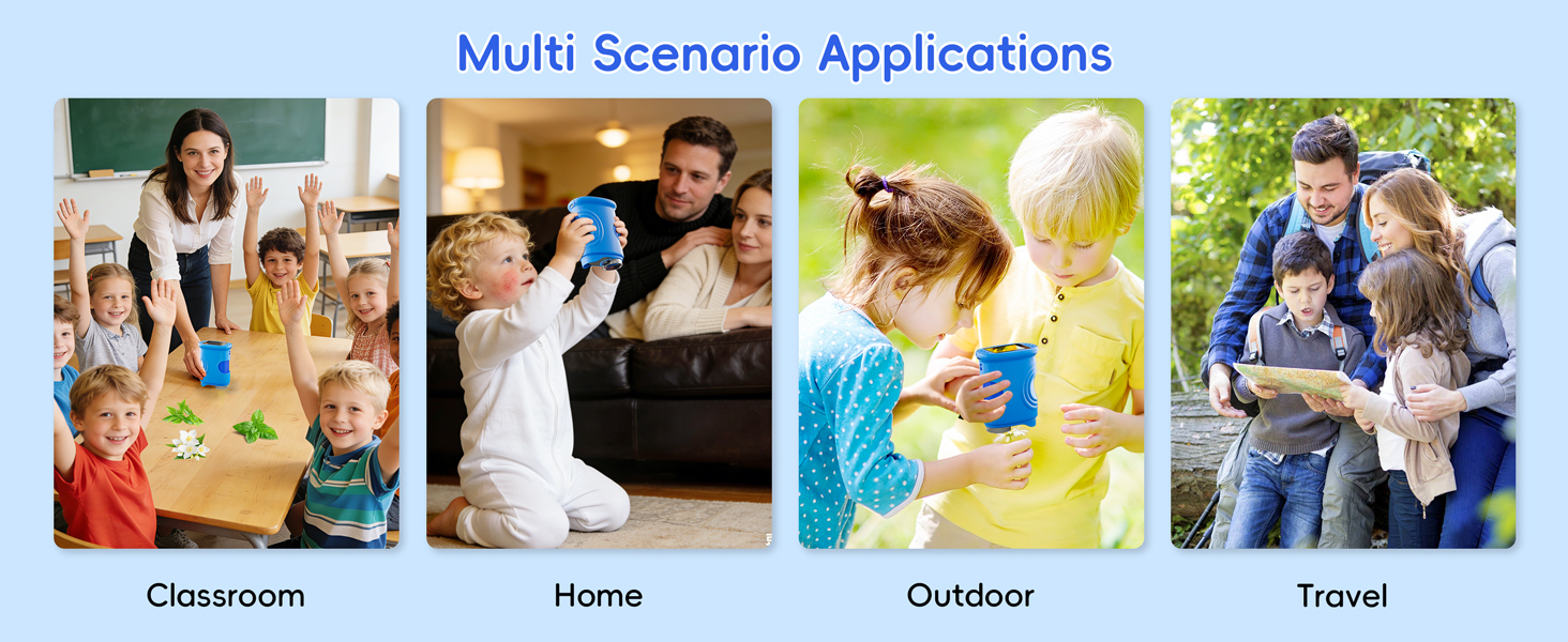 Text reads 'Multi Scenario Applications'. Collection of lifestyle photos showing people using products in various settings: classroom, home, outdoors, and travel environments.