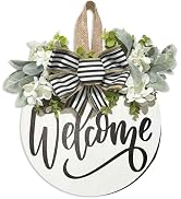 Ksdkrme Welcome Wreaths Sign for Front Door, Rustic Wood Wreath with Bow, Welcome Home Porch Hang...