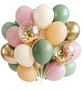 PartyWoo Pink and Green Balloons 66pcs 12 Inch Metallic Gold Sand White Sage Green Nude Dusty Pin...