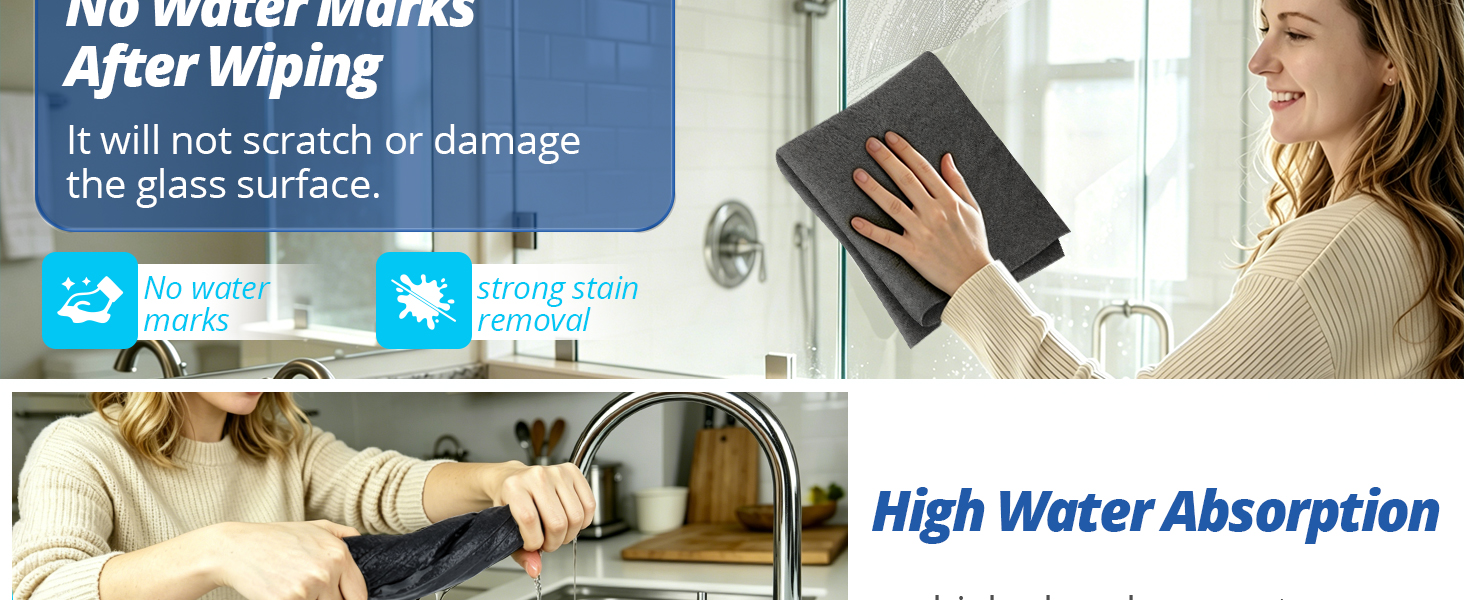 Person wringing out a highly absorbent dark grey cleaning cloth over a stainless steel kitchen sink.