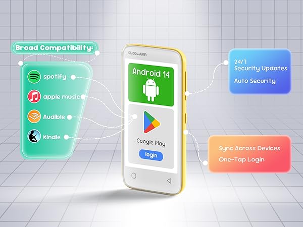 Kids’ MP3 player with Android 14, Google Play updates, Spotify, Audible, Kindle support