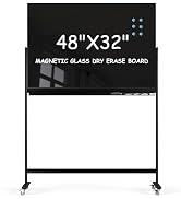 Tankee Rolling Whiteboard, 48x32 Inches Black Magnetic Glass Dry Erase Board with Stand, Standing...