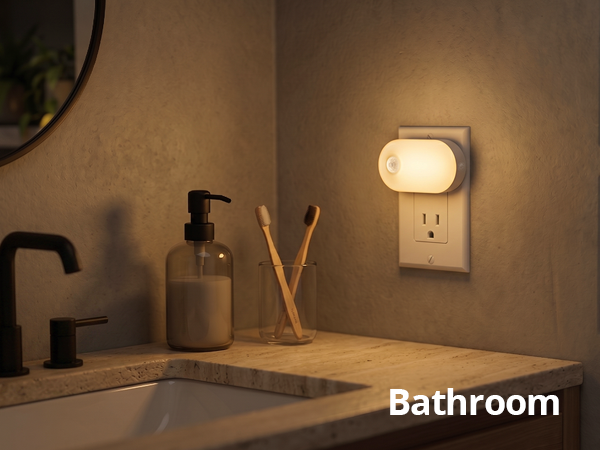 Eye-friendly plug-in night light illuminating a bathroom.
