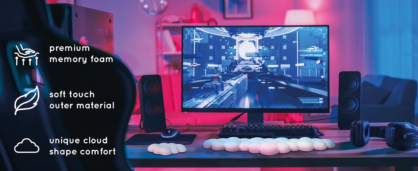 White cloud wrist rest in gaming setup with blue lighting showing premium memory foam