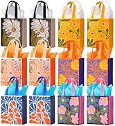 10" Floral Reusable Gift Bags Medium Size with Tissue Paper, 12 Pack Non-Woven Wrap Paper Gift Ba...