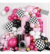 FunHot Pink Race Car Balloon Arch Garland Kit, 112 Pcs Hot Pink Black Balloons Arch with Black an...