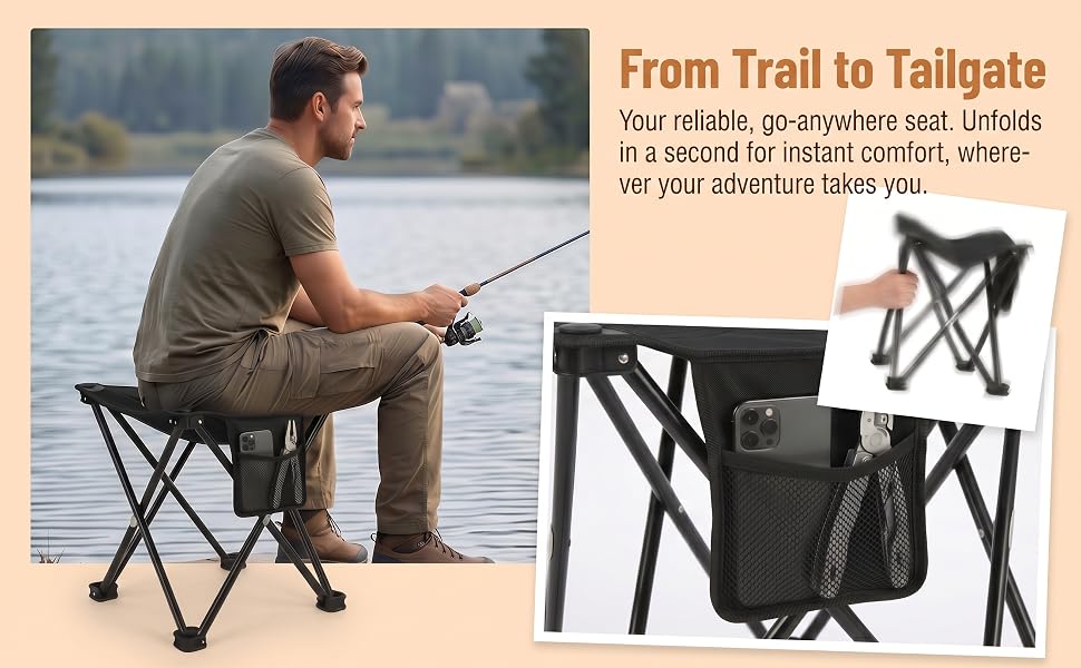 Camping stool shown fishing by a lake, with close-up of the side pocket.