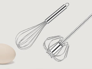 Technical line drawings or sketches showing various whisks or mixing tools, displayed in a row with detailed outlines of different whisk designs.