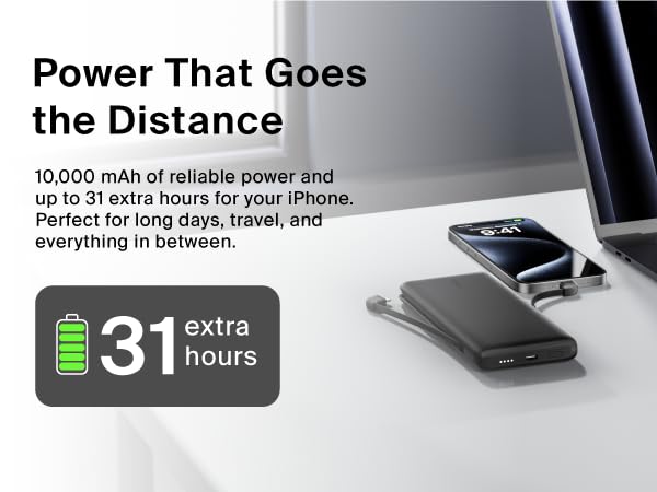 Image of portable charger with phone with text reading power that goes the distance.