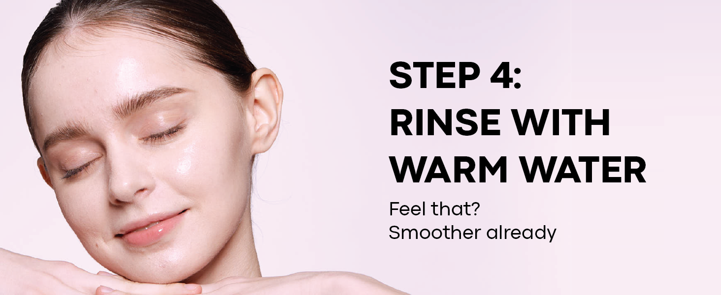 Step 4 - Rinse with Warm Water: model with dewy, freshly rinsed skin on pink background