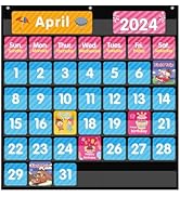 REGELETO Large 44 Pockets Calendar Pocket Chart for Classroom with 85 Cards, Size:25” X 24” Month...