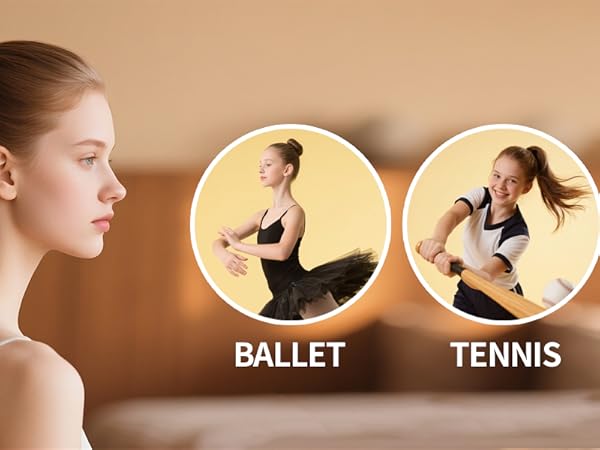 Activity icons showing different sports: 'BALLET', 'TENNIS', 'ARTISTIC', 'GYMNASTICS' arranged in circular emblems against a warm-toned background.
