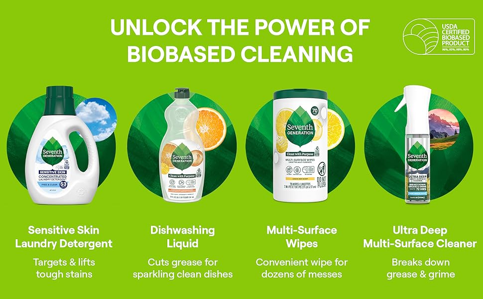 Seventh Generation made for sensitive skin, multi use and ultra deep cleanse for grease and grime