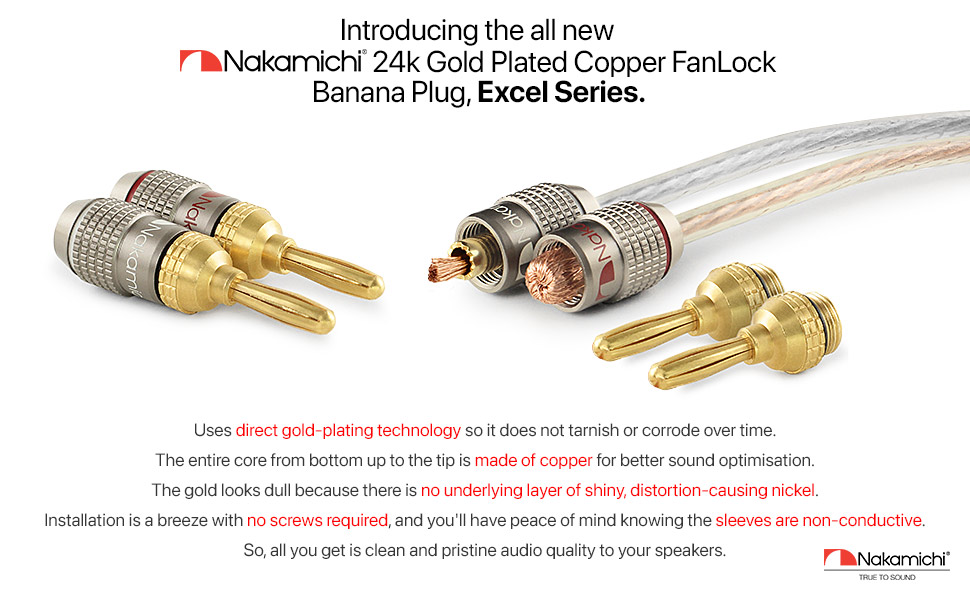 Gold-plated copper banana plug connectors for audio equipment. Features direct gold plating, conductive copper core, and screwless installation design for optimal sound quality.