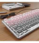 Wired Keyboard with White Backlight Pudding Keycaps, Pink-Black Ombré | Quiet Full Size Computer ...