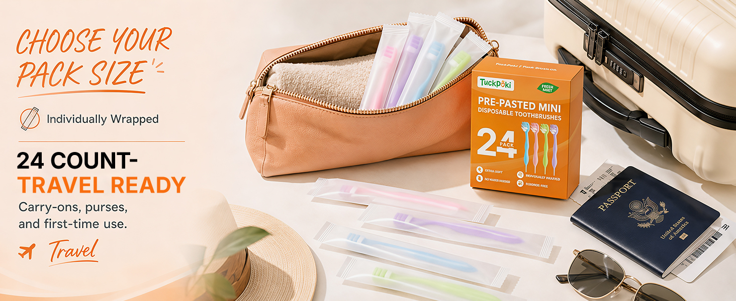 TuckPoki 24-count prepasted toothbrushes packed with carry-on travel essentials.