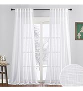 RYB HOME White Curtains Sheer - Linen Texture Semi Sheer Window Covering, Light & Airy Privacy Sh...