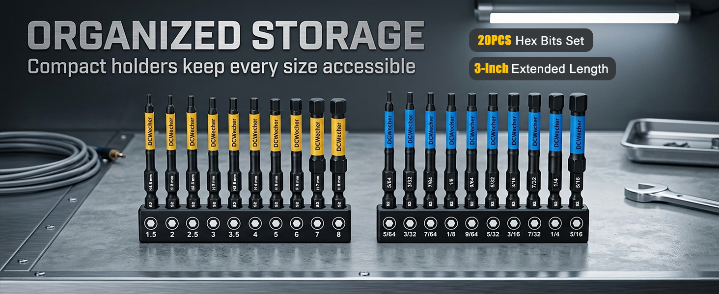20-Piece 3-Inch Long Magnetic S2 Allen Wrench Drill Bit Set
