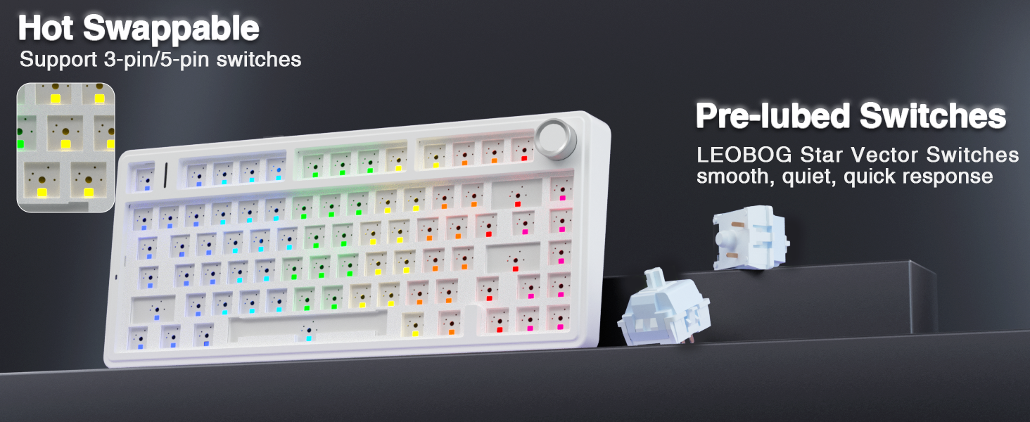 hot swappable mechanical custom keyboard creamy sound pre-lubed switches south-facing lighting