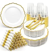 350PCS Glod Plastic Dinnerware Set for 50 Guests, Disposable Fancy Baroque Gold Rim Plastic Plate...