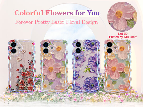 Four transparent floral-patterned phone cases for iPhone, featuring different colored flower designs. Text reads 'Colorful Flowers for You' and 'Forever Pretty Laser Floral Design'.