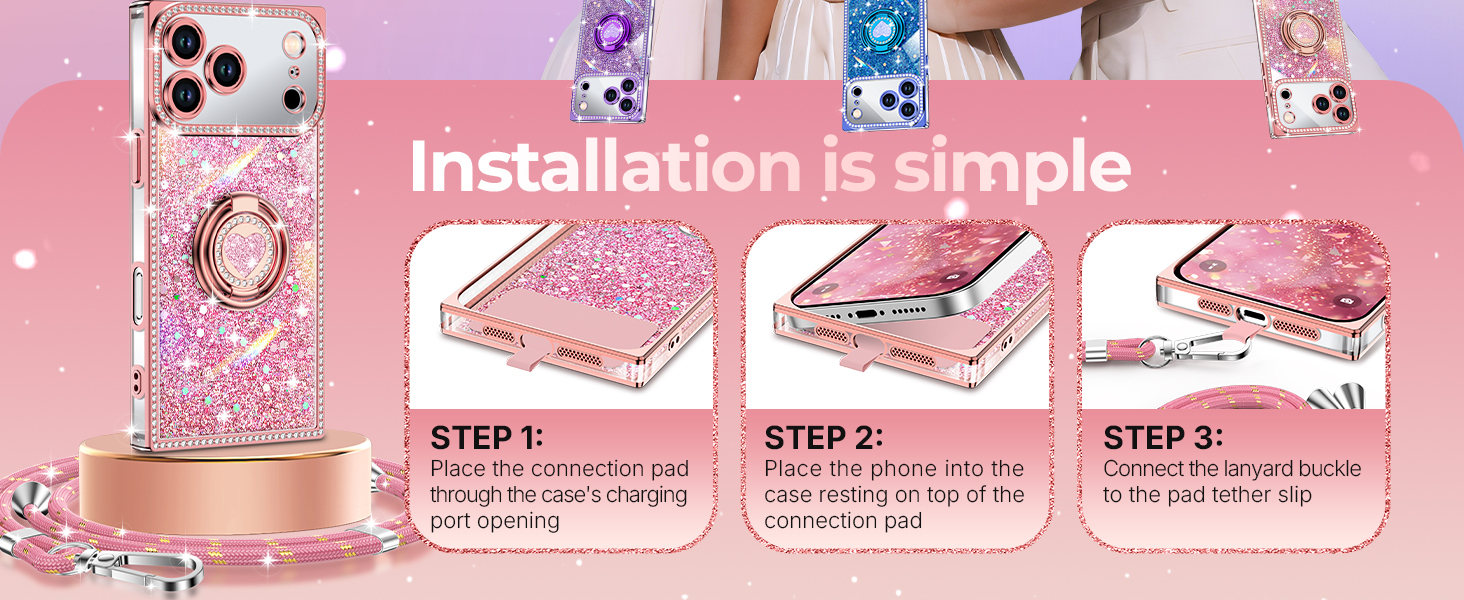 XYZ for iPhone 17 Pro max Case, Glitter Bling Phone Cover with 2-Ring Heart Stand & Lanyard