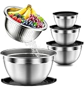 5 PCS Stainless Steel Mixing Bowls with Airtight Lids & Colander Set, Black | Nesting Storage Bow...