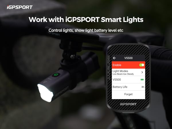 IGPSPORT Smart Lights interface shown on device screen with bike light illuminated. Mobile app control display for cycling light settings.