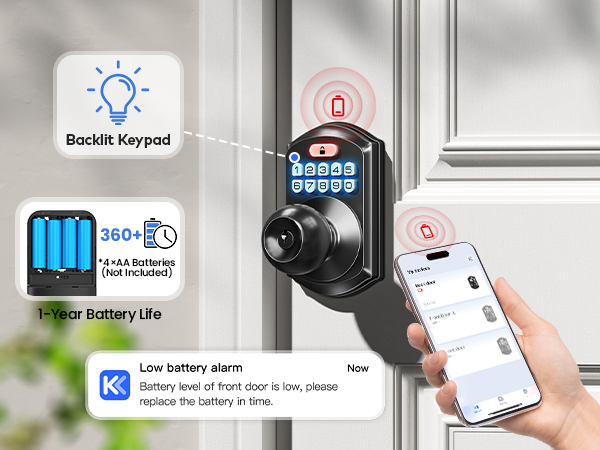 Up to 1-year battery life with low-battery alerts, ensuring your lock stays reliable