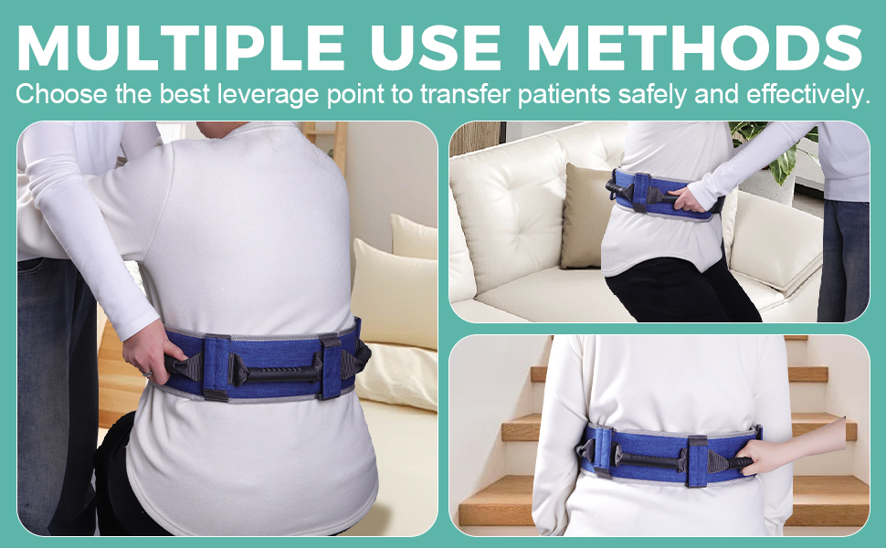 Gait Belt, Adjustable Gait Transfer Belt with 7 Handles (Blue)