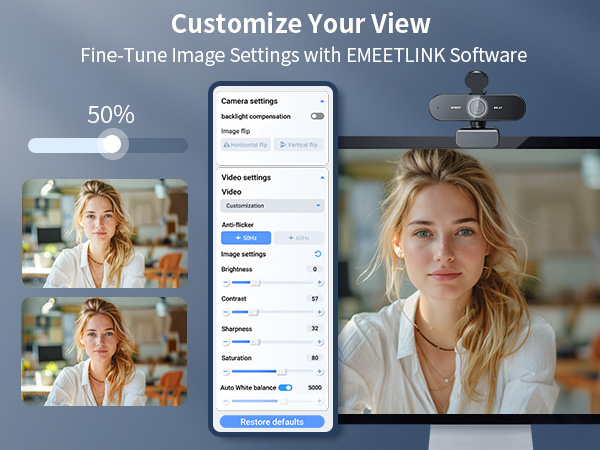 EMEETLINK software allows users to instantly modify video output settings NOVA Webcam 4K