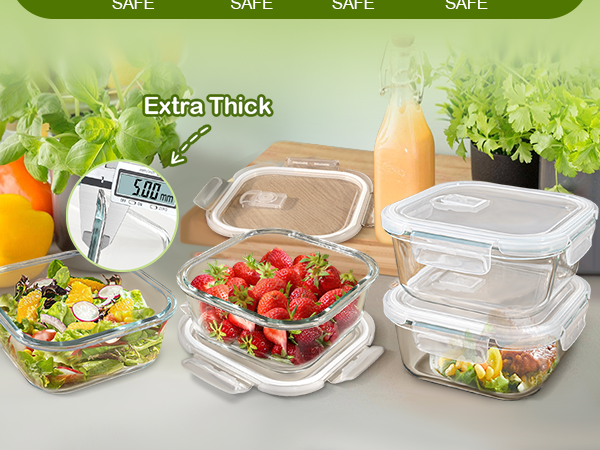 3 Cup Glass Storage Containers with Lids 24 oz, Small Square Borosilicate Glass Food