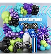 Video Game Balloon Arch Garland Kit, Teal Blue Purple Green Black Party Balloons with Game Handle...