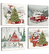 OTOSTAR 4 Pieces Christmas Wall Art Canvas Prints - Deer Snowman Santa Claus Picture Painting - M...