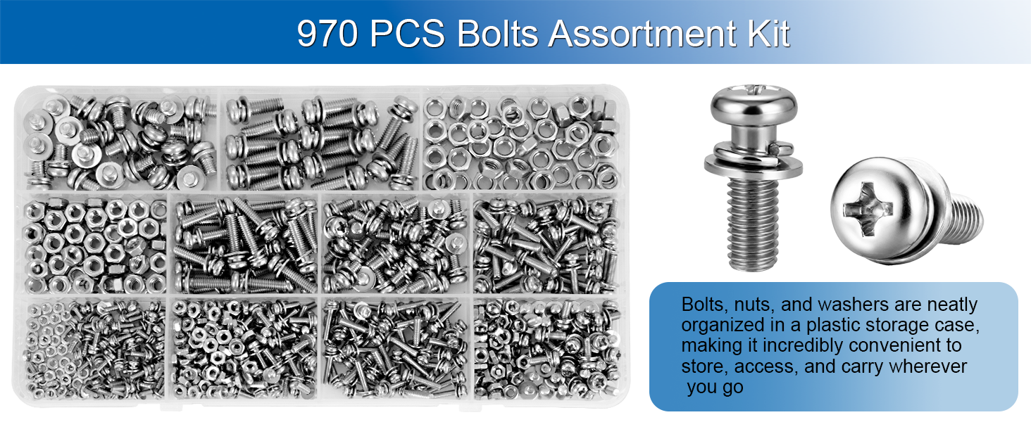 970 Pcs 304 Stainless Steel M2 M2.5 M3 M4 M5 Phillips Pan Head Bolts Assortment Kit
