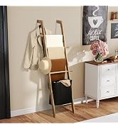 67-Inch Farmhouse Blanket Ladder with Basket, Rustic Wooden Display Ladder for Throws, Blankets, ...