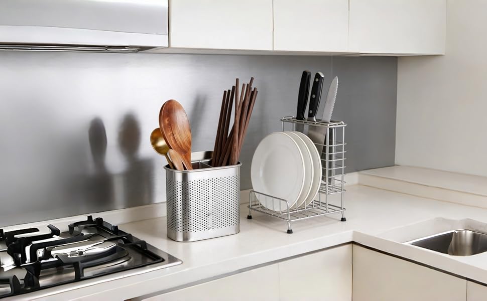 2-compartment stainless steel organizer for tidy utensil storage.