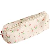 Pink Strawberries Women Fresh Style Pencil Bag Flower Floral Canvas Large Pen Pencil Pouch Bag Pe...
