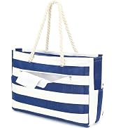 Fammart Large Canvas Beach Bag for Women, Beach Bags Waterproof Sandproof with Zipper & Wet Bag C...