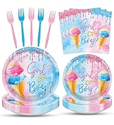 100 Pcs Gender Reveal Tableware Set, Serves 25 – Disposable Ice Cream Paper Plates, Napkins, Fork...