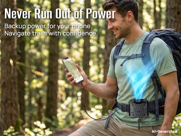 Fan for belt doubles as emergency phone backup power for hiking and outdoor navigation